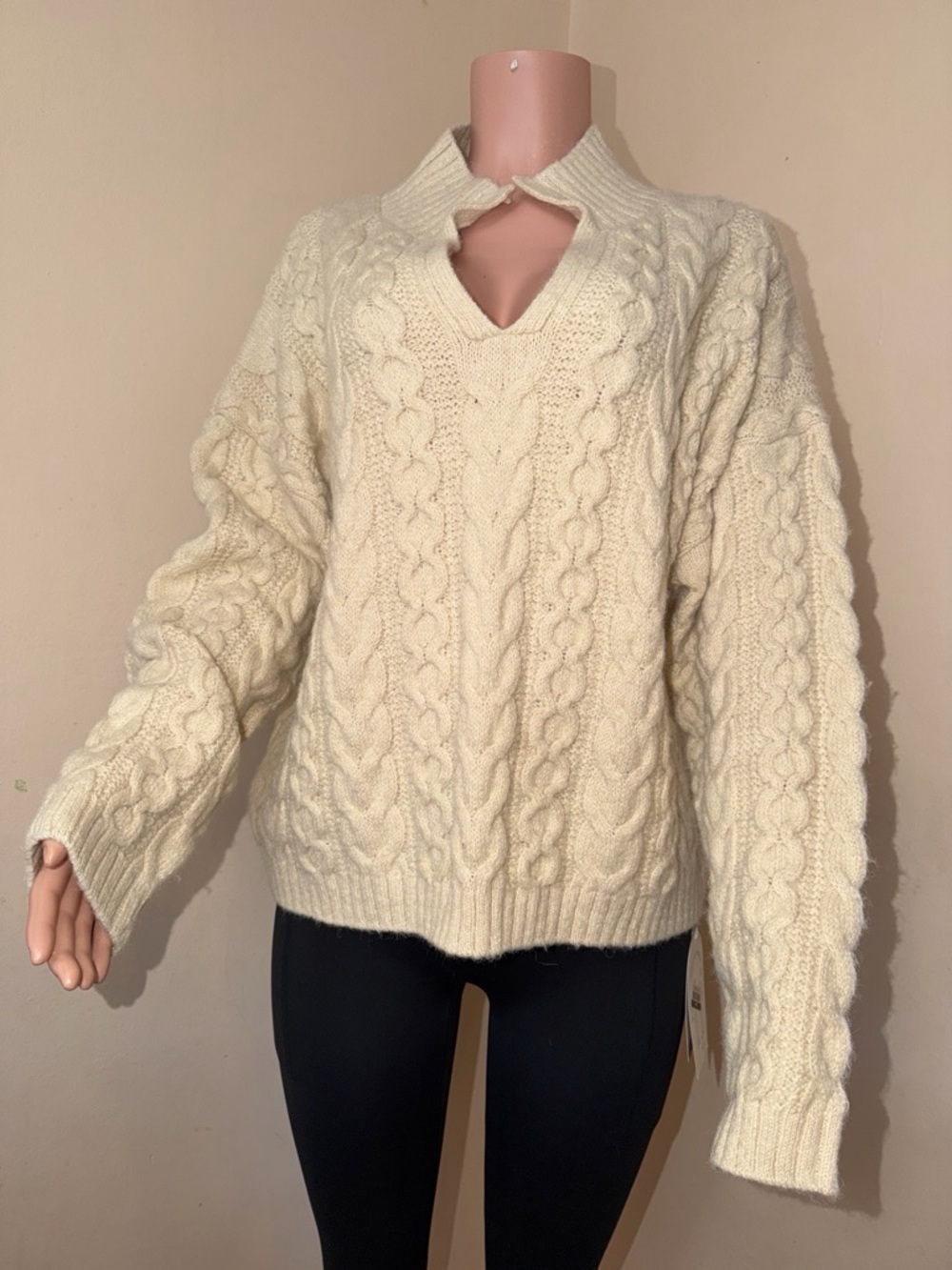 a new day Cream Cable-Knit V-Neck Sweater with Keyhole Collar